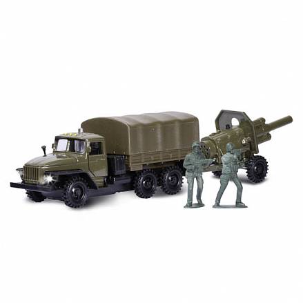 Машина металлическая инерционная Урал Военный, с пушкой на прицепе и фигурками